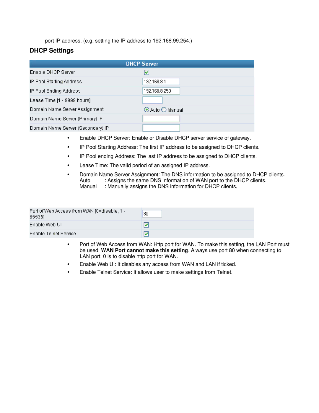 D-Link DVG-6008S user manual Dhcp Settings 