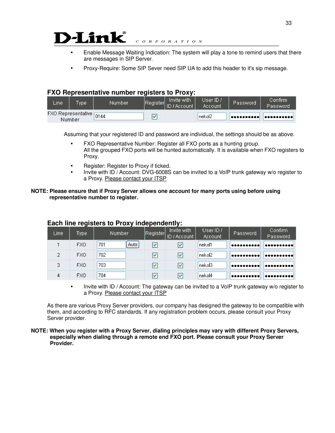 D-Link DVG-6008S user manual FXO Representative number registers to Proxy, Each line registers to Proxy independently 