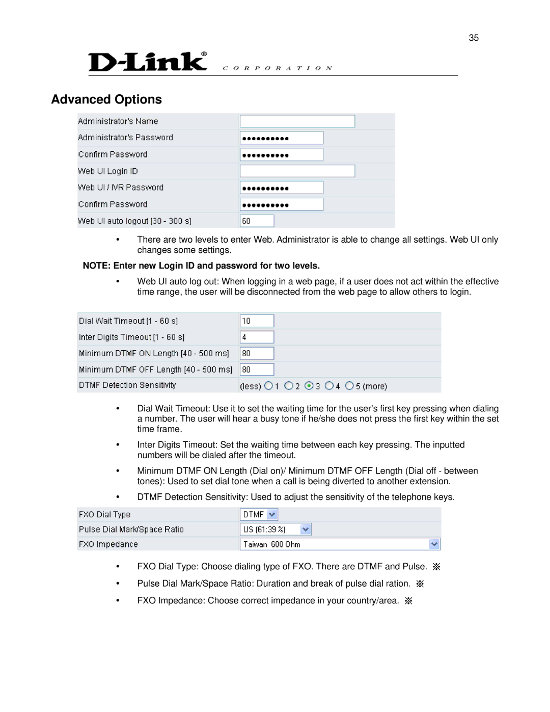 D-Link DVG-6008S user manual Advanced Options 