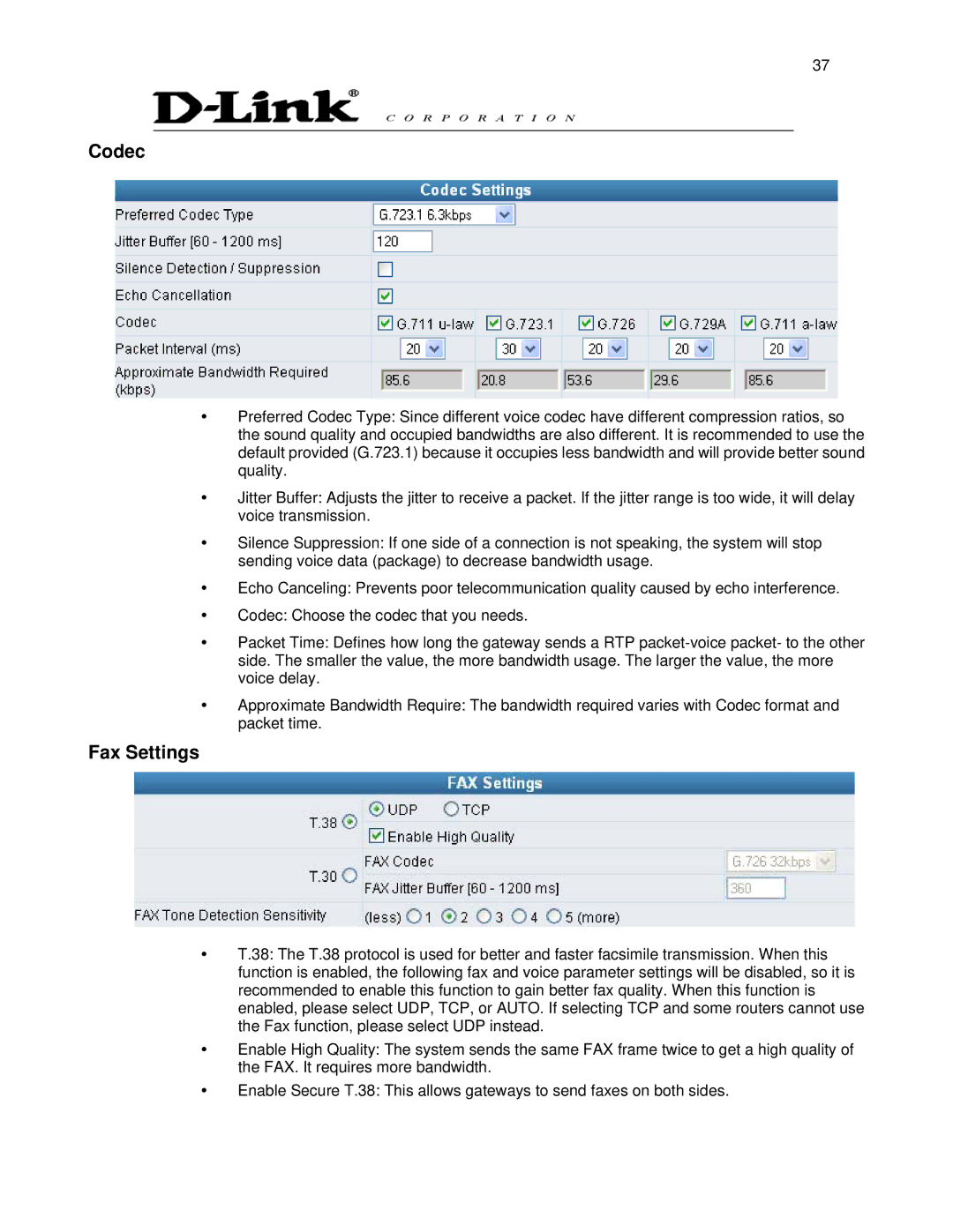 D-Link DVG-6008S user manual Codec, Fax Settings 