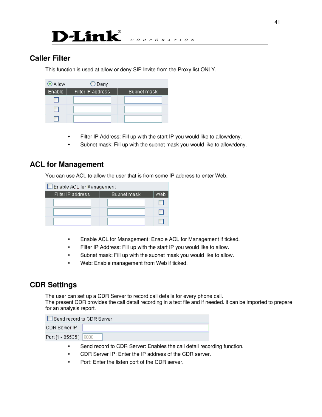 D-Link DVG-6008S user manual Caller Filter, ACL for Management, CDR Settings 