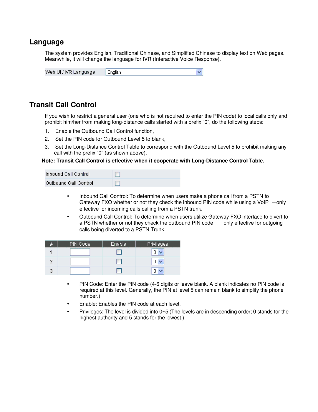 D-Link DVG-6008S user manual Language, Transit Call Control 