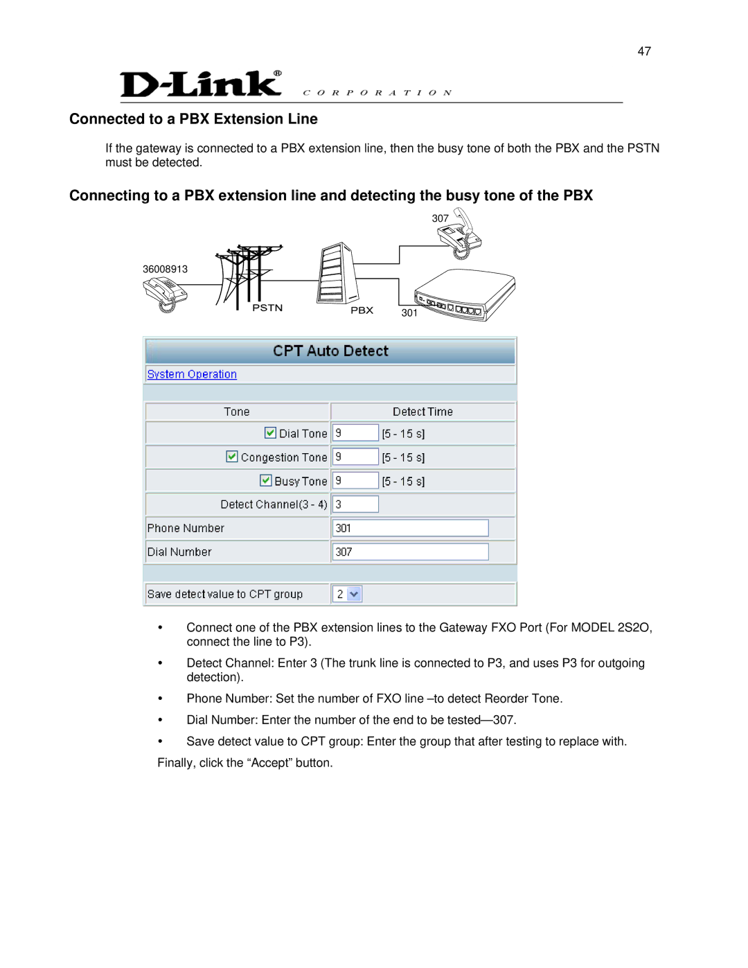 D-Link DVG-6008S user manual Connected to a PBX Extension Line 