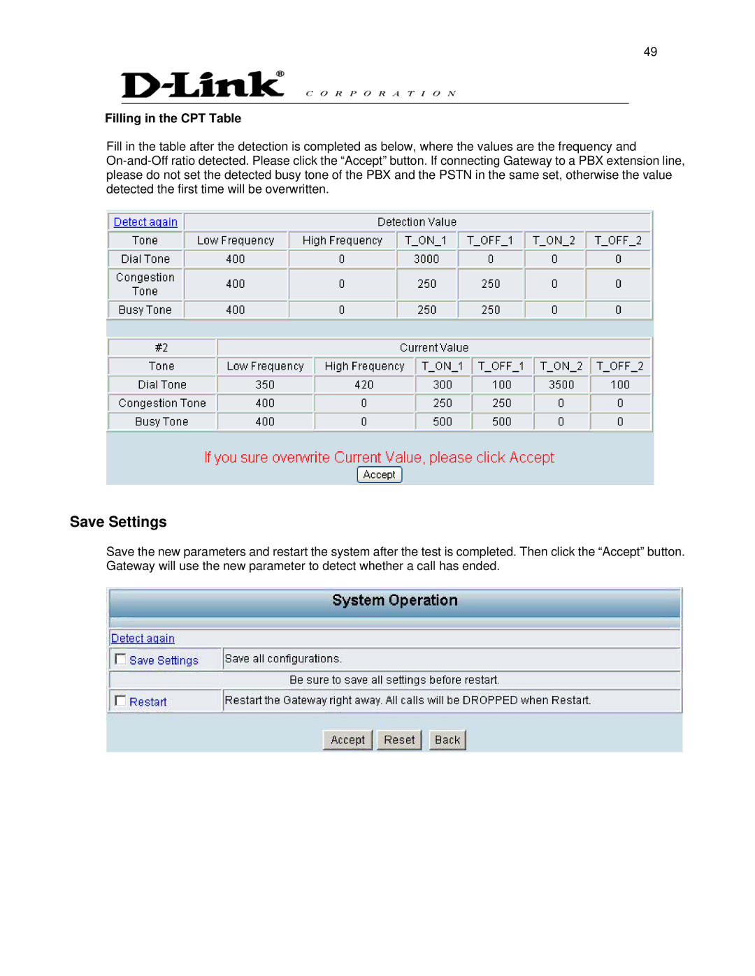 D-Link DVG-6008S user manual Save Settings, Filling in the CPT Table 