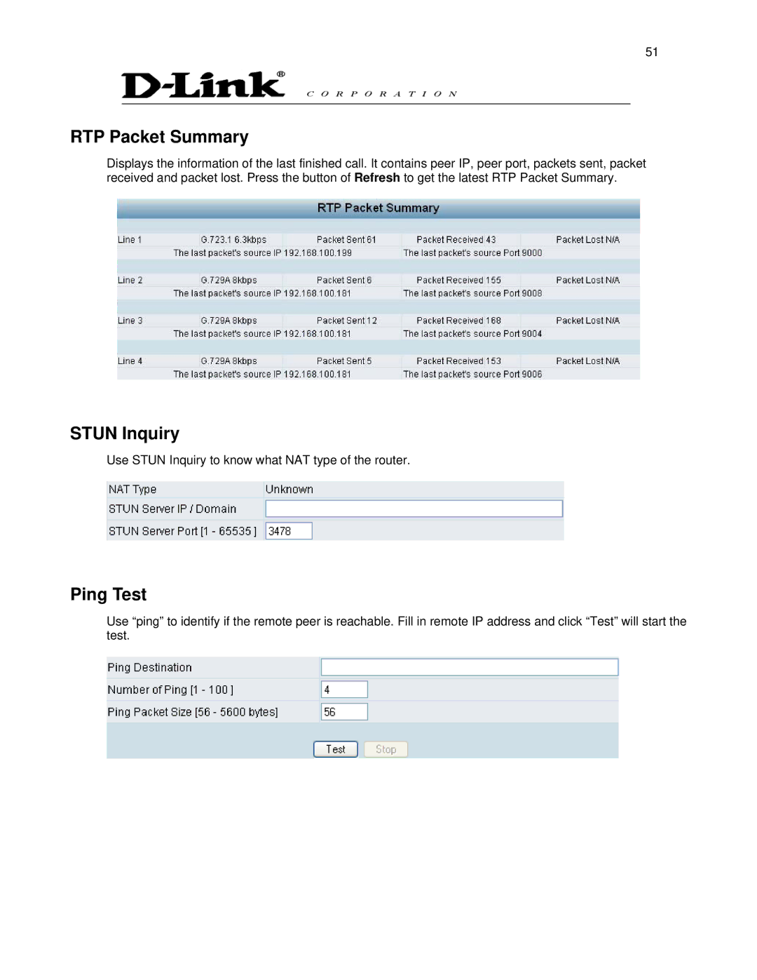 D-Link DVG-6008S user manual RTP Packet Summary, Stun Inquiry, Ping Test 