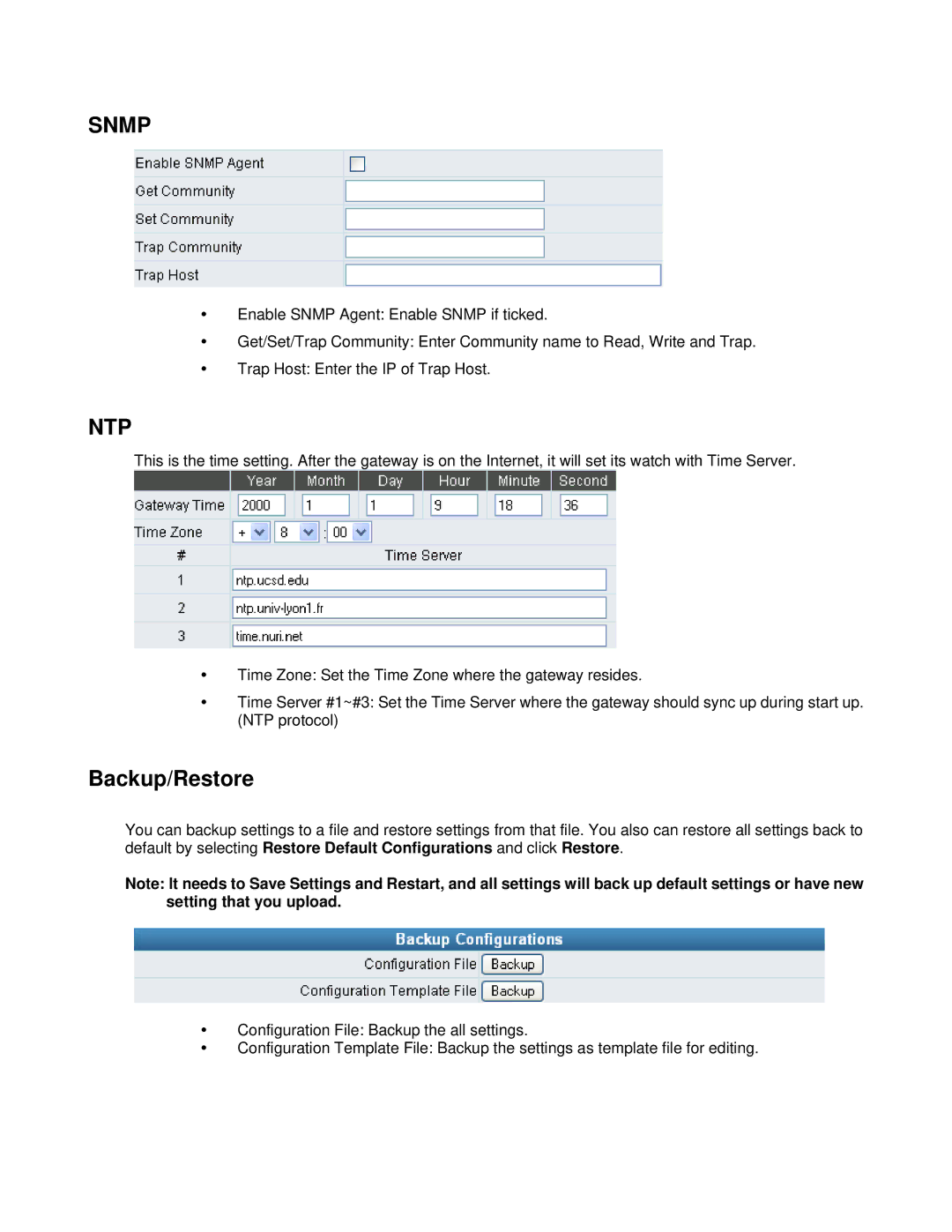 D-Link DVG-6008S user manual Snmp, Backup/Restore 