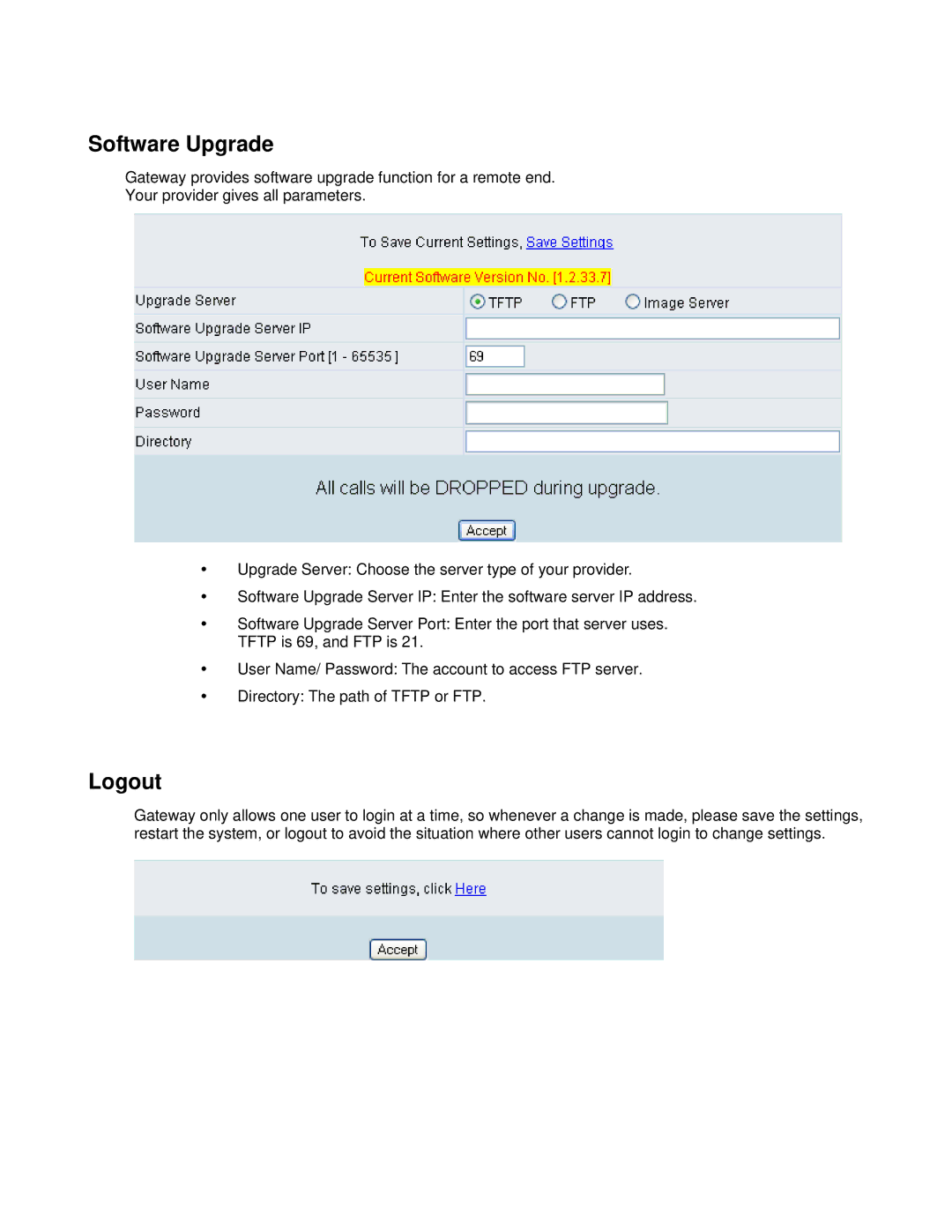 D-Link DVG-6008S user manual Software Upgrade, Logout 