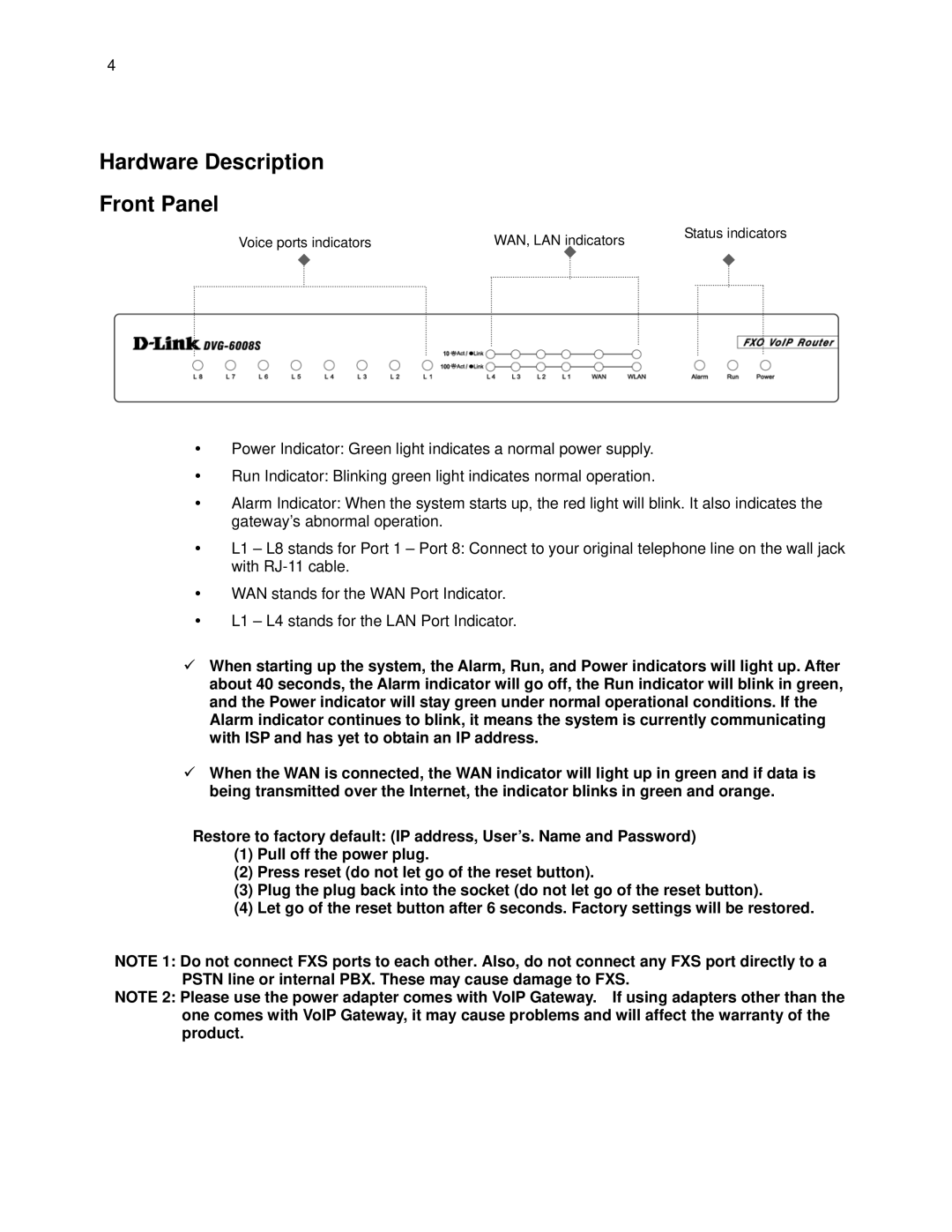 D-Link DVG-6008S user manual Hardware Description Front Panel 