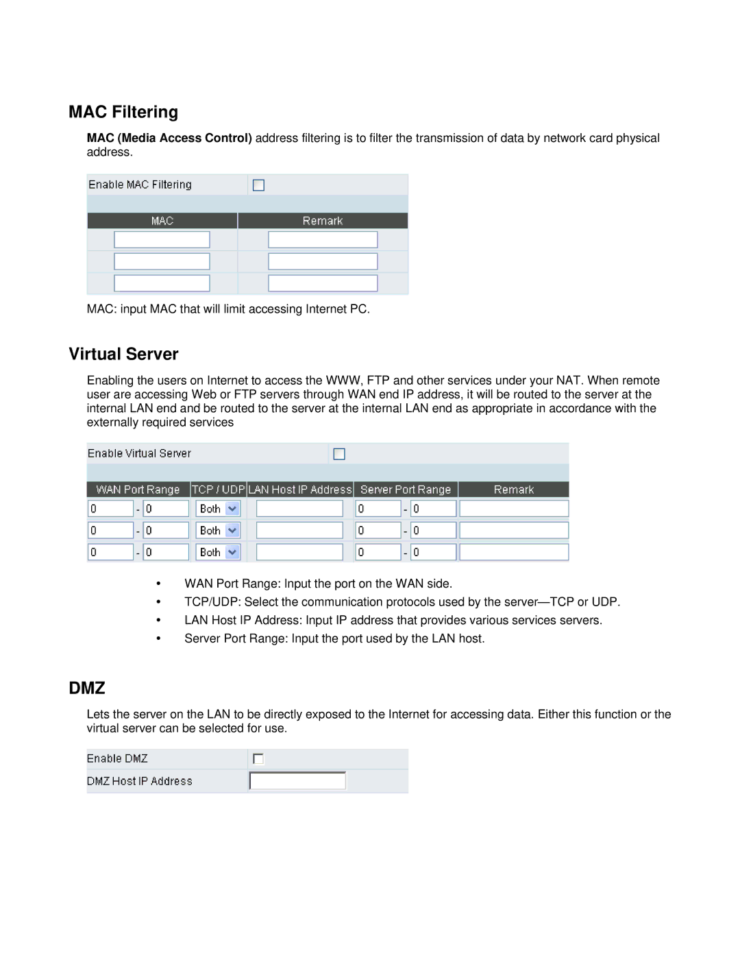 D-Link DVG-6008S user manual MAC Filtering, Virtual Server 