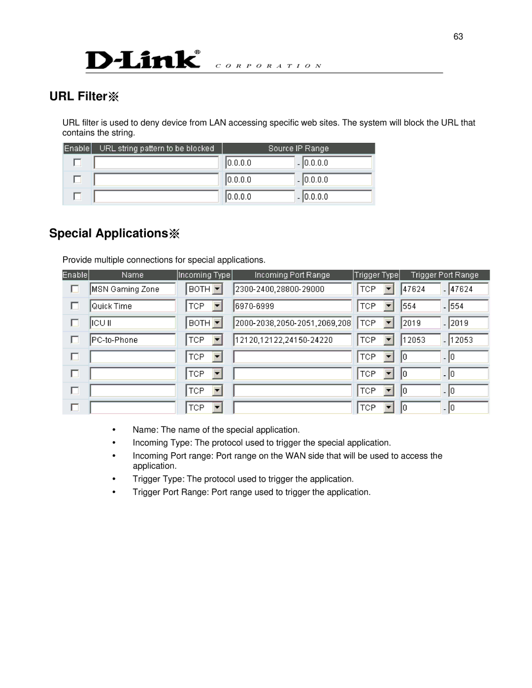 D-Link DVG-6008S user manual URL Filter※, Special Applications※ 