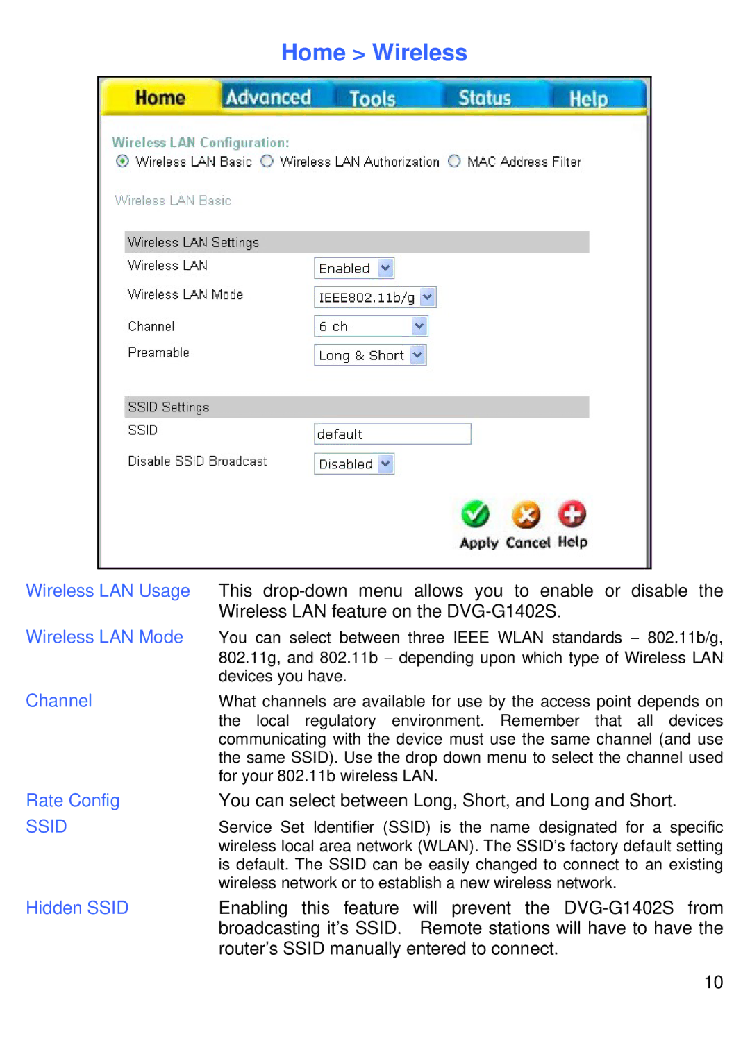 D-Link DVG-G1402S manual Home Wireless 