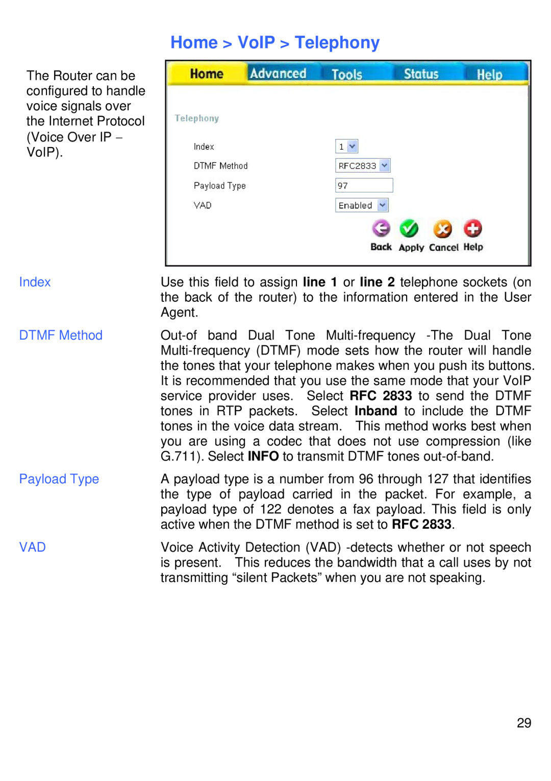 D-Link DVG-G1402S manual Home VoIP Telephony, Index Dtmf Method Payload Type 