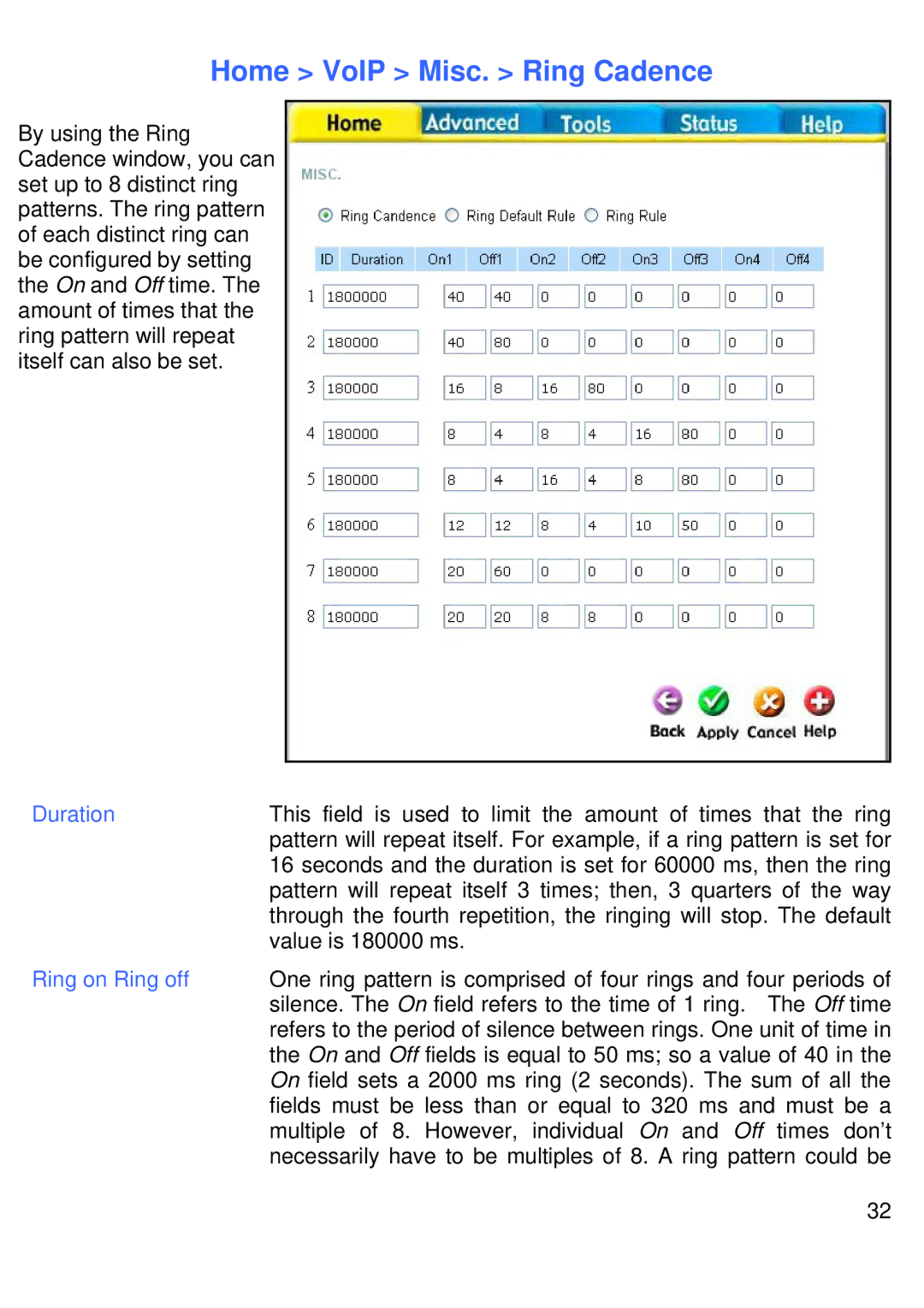 D-Link DVG-G1402S manual Home VoIP Misc. Ring Cadence, Duration, Ring on Ring off 