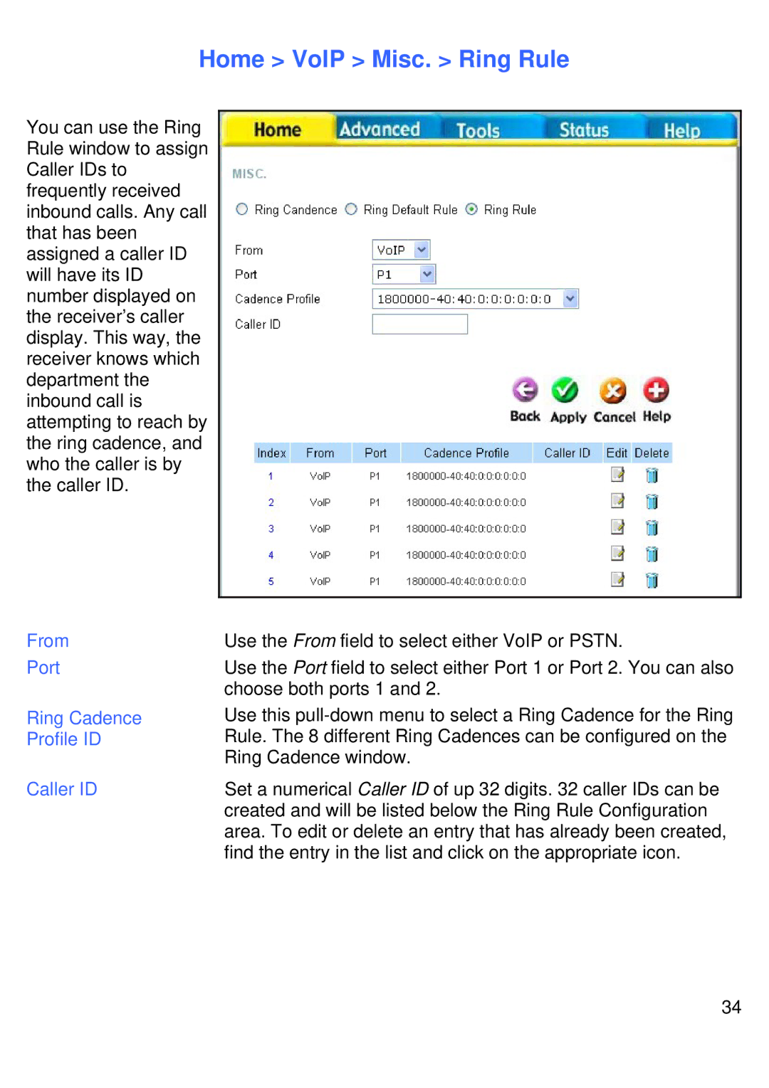 D-Link DVG-G1402S manual Home VoIP Misc. Ring Rule, From Port Ring Cadence Profile ID Caller ID 