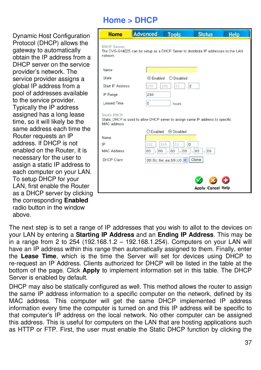 D-Link DVG-G1402S manual Home Dhcp 