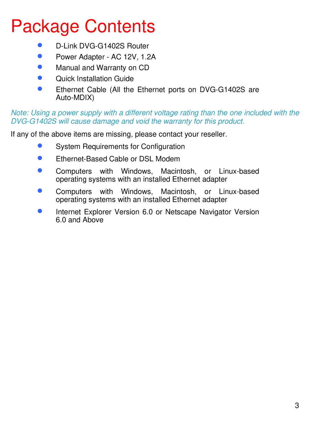 D-Link DVG-G1402S manual Package Contents 