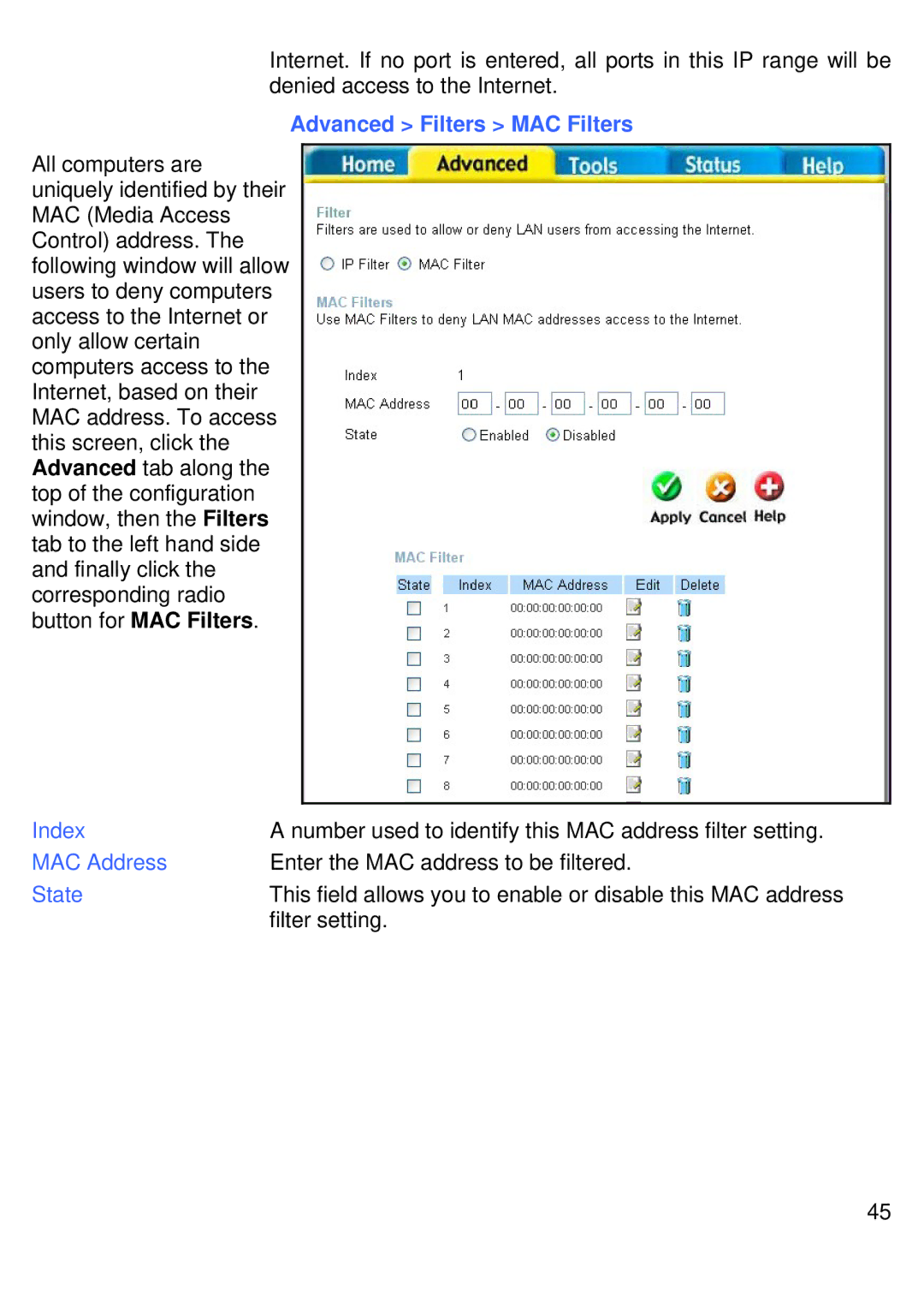 D-Link DVG-G1402S manual Advanced Filters MAC Filters, State 