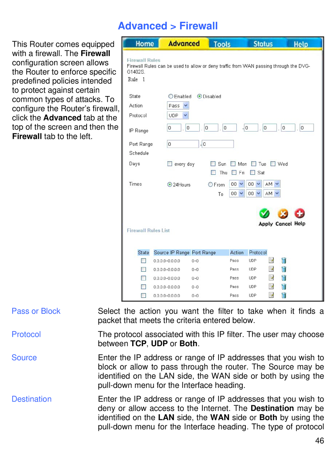 D-Link DVG-G1402S manual Advanced Firewall, Pass or Block, Source, Destination 