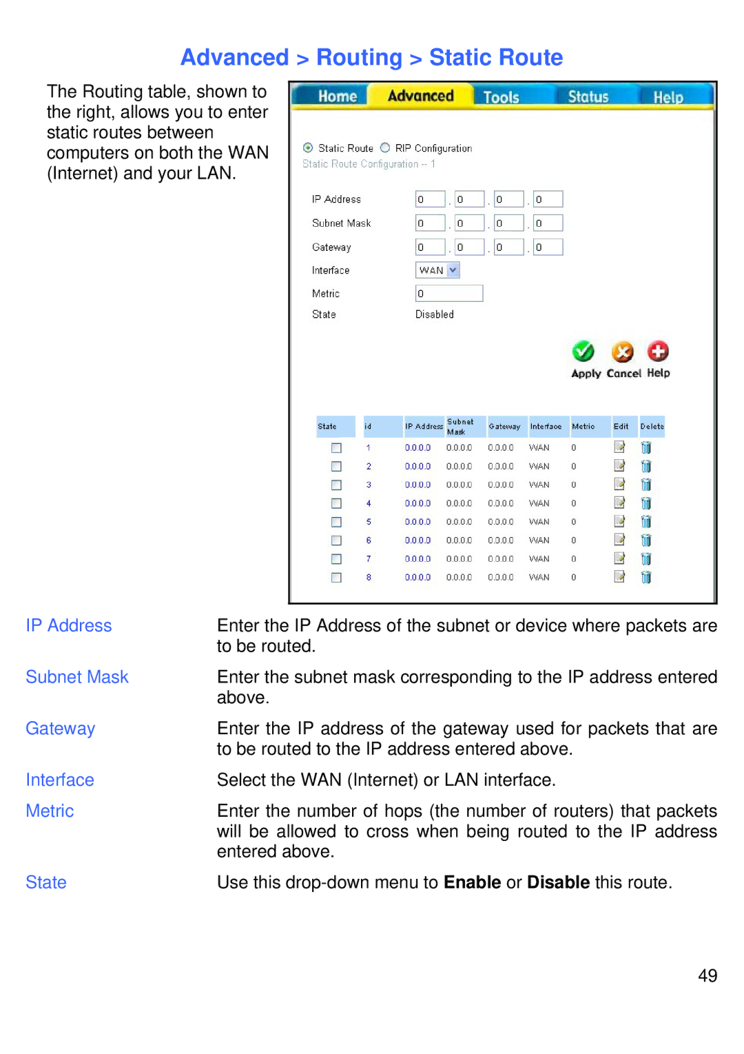 D-Link DVG-G1402S manual Advanced Routing Static Route, Gateway, Interface, Metric 