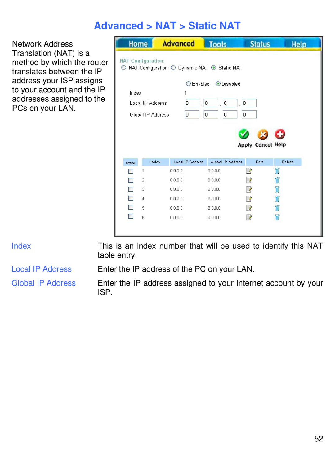 D-Link DVG-G1402S manual Advanced NAT Static NAT, Local IP Address, Global IP Address 