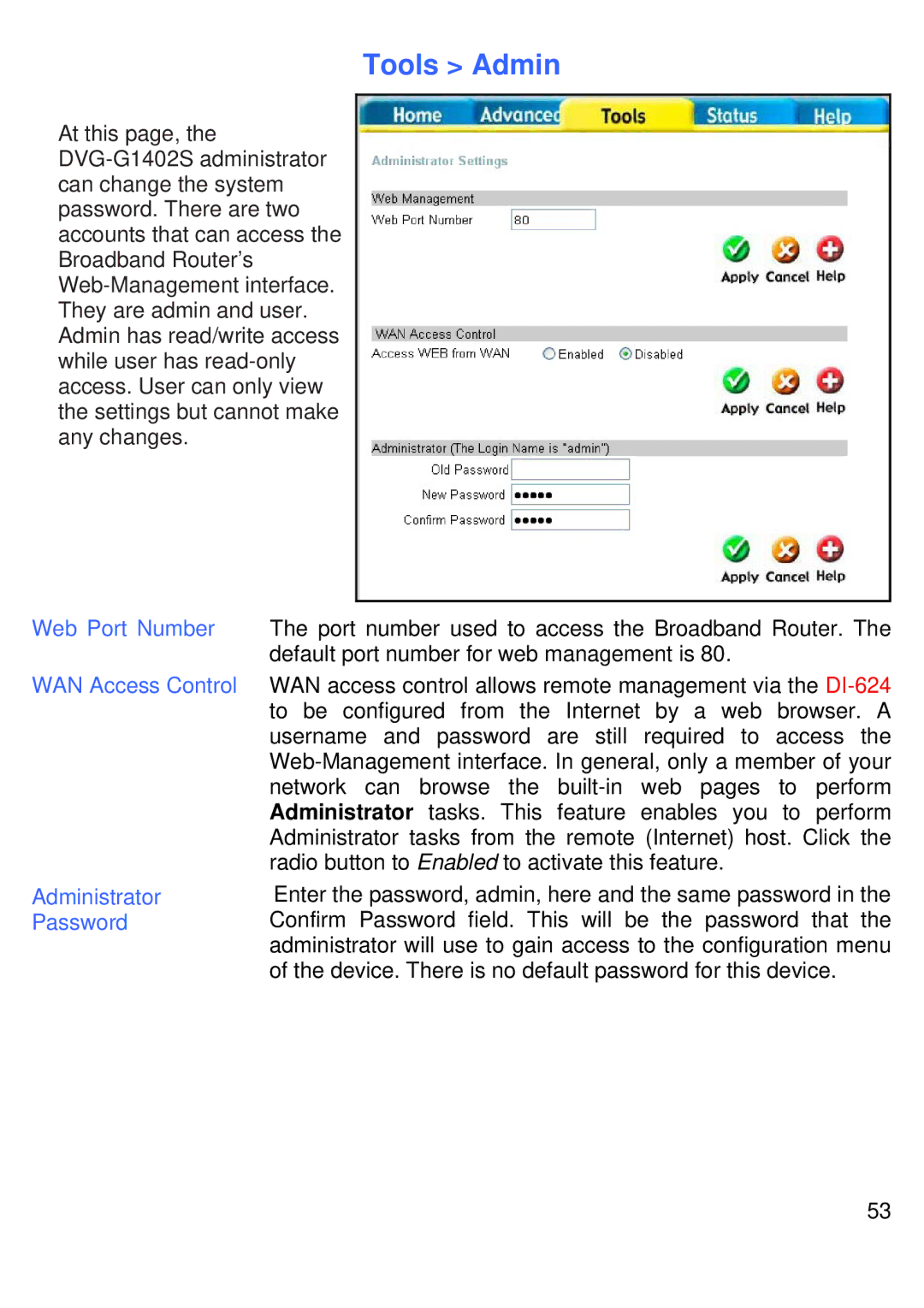 D-Link DVG-G1402S manual Tools Admin, Web Port Number WAN Access Control Administrator Password 