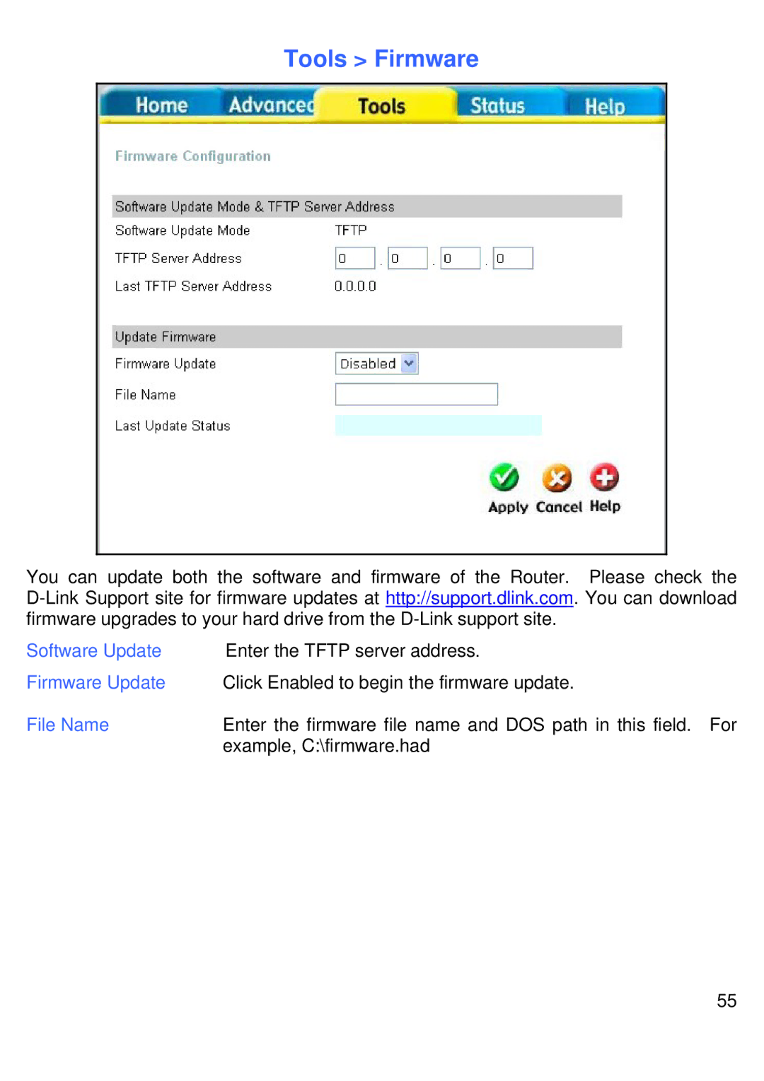 D-Link DVG-G1402S manual Tools Firmware, Software Update, Firmware Update, File Name 