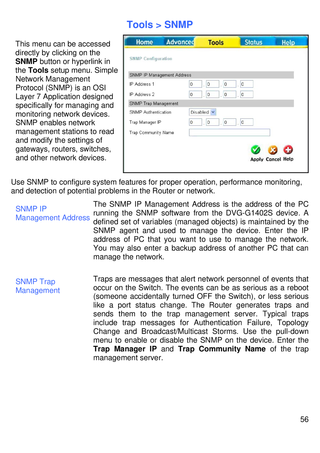 D-Link DVG-G1402S manual Tools Snmp, Snmp Trap Management 