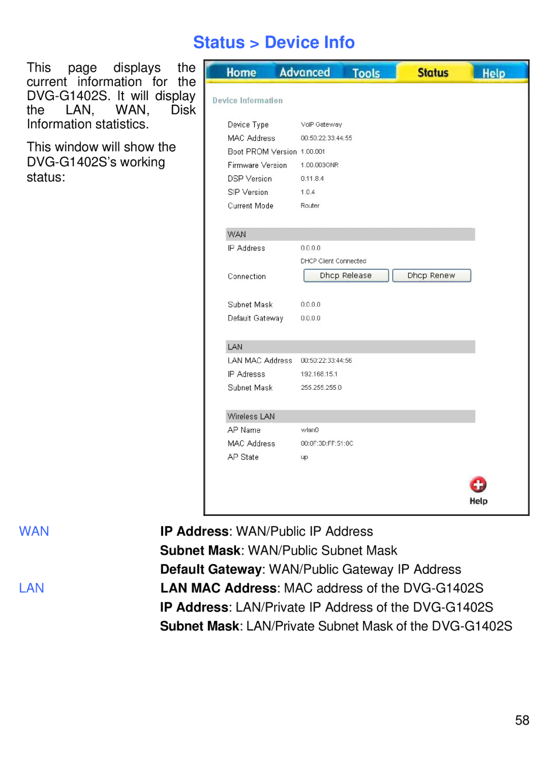 D-Link DVG-G1402S manual Status Device Info, Wan 