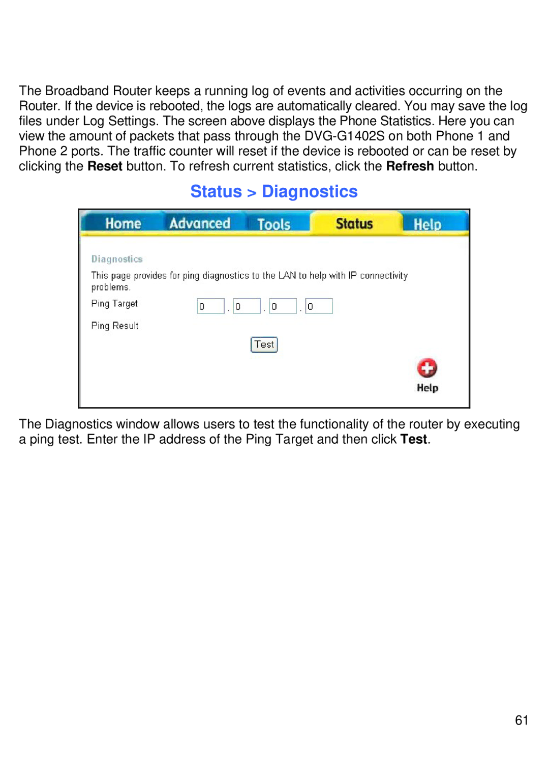 D-Link DVG-G1402S manual Status Diagnostics 