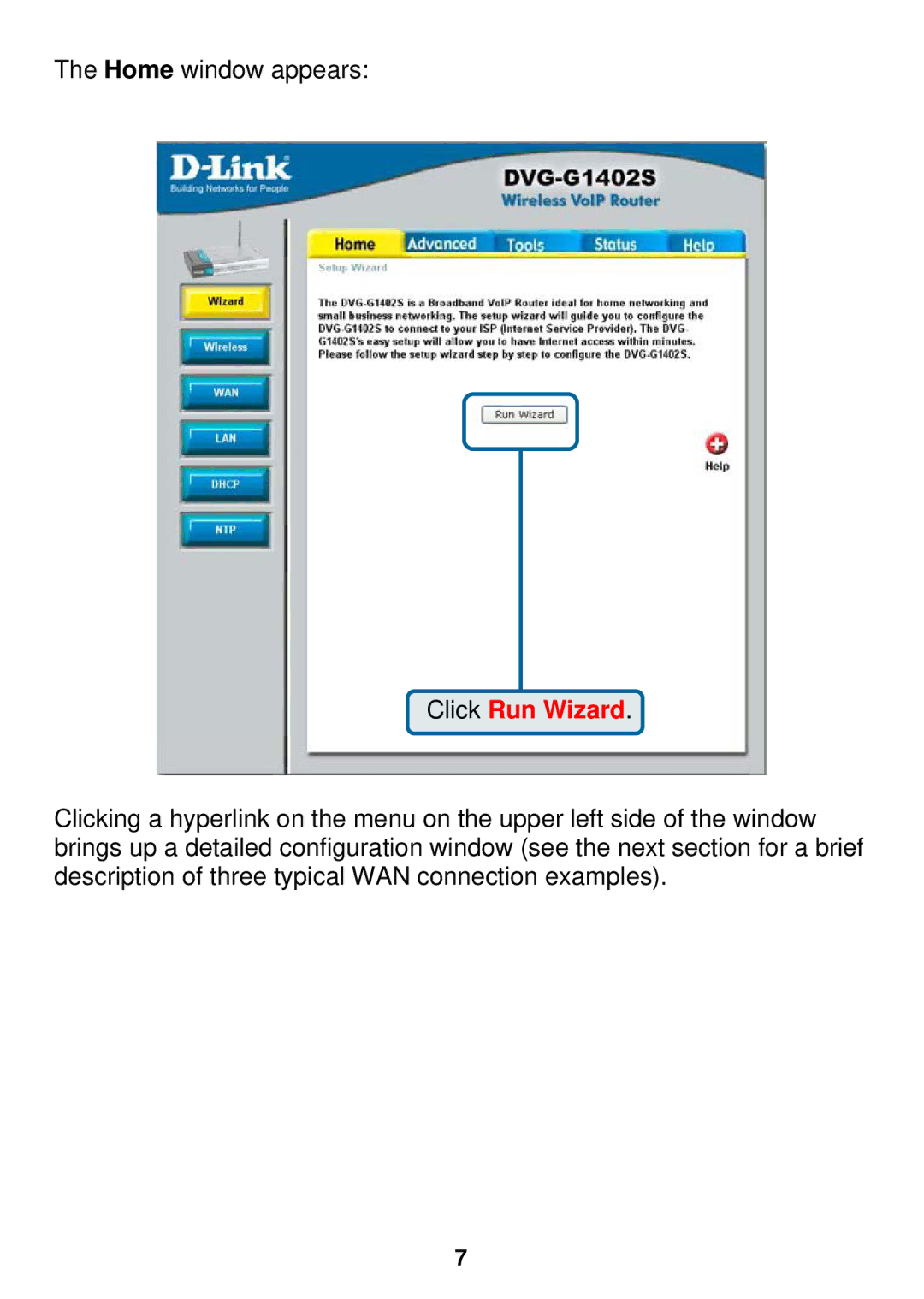 D-Link DVG-G1402S specifications Click Run Wizard 