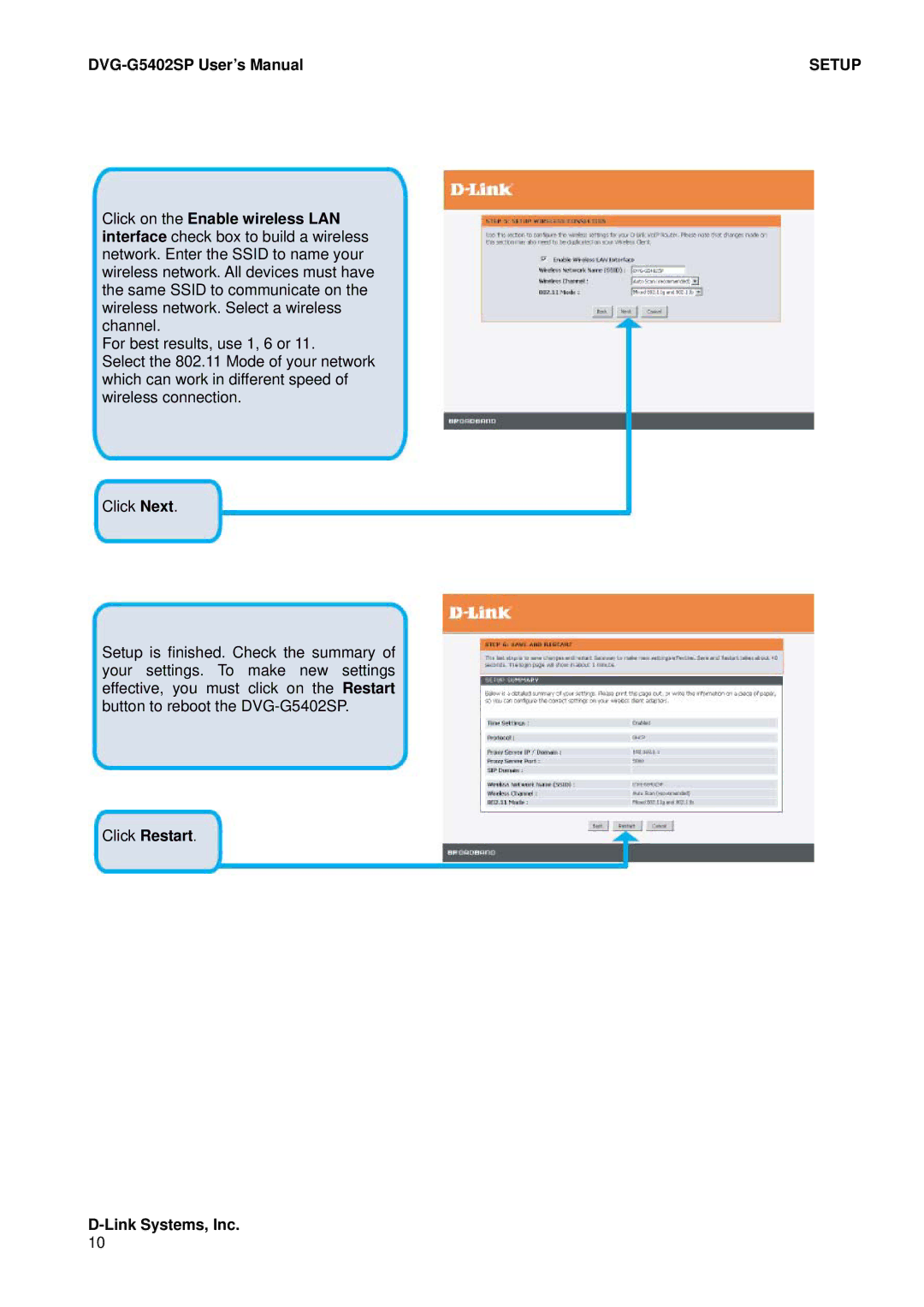 D-Link DVG-G5402SP user manual Click Restart Link Systems, Inc 