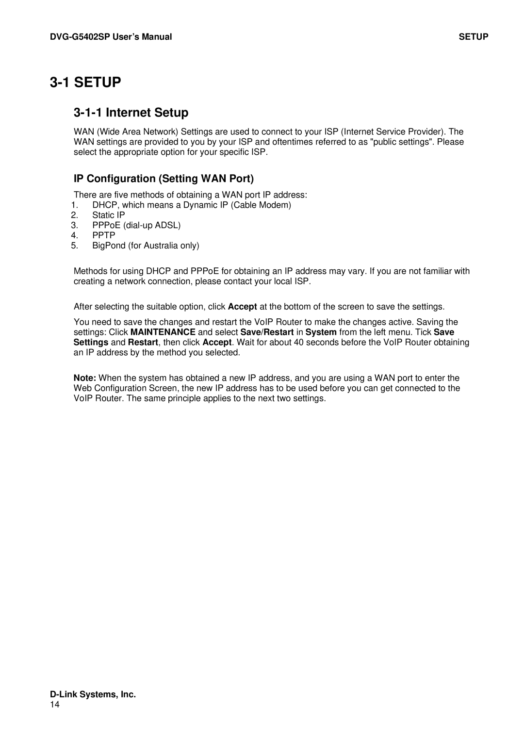 D-Link DVG-G5402SP user manual Internet Setup, IP Configuration Setting WAN Port 