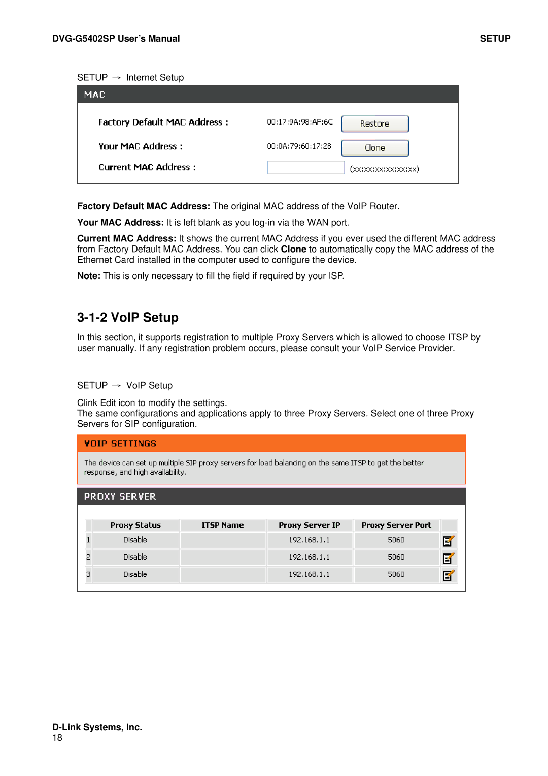 D-Link DVG-G5402SP user manual VoIP Setup 