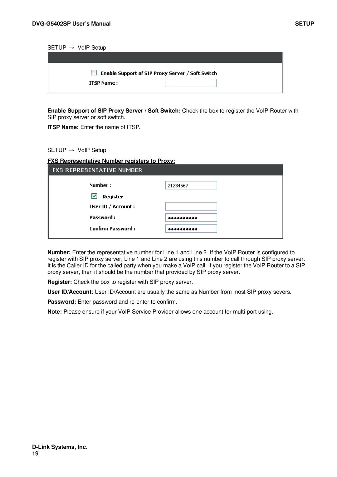 D-Link DVG-G5402SP user manual FXS Representative Number registers to Proxy 