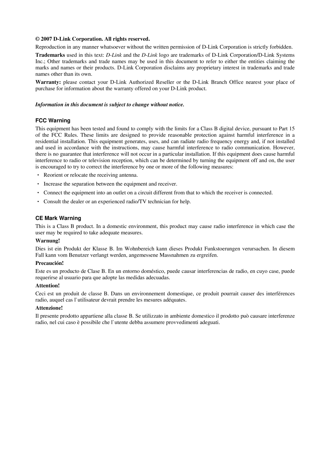 D-Link DVG-G5402SP user manual FCC Warning, CE Mark Warning 