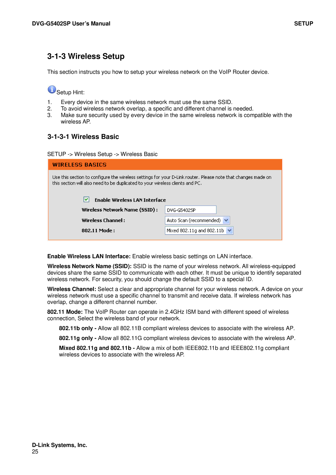 D-Link DVG-G5402SP user manual Wireless Setup, Wireless Basic 