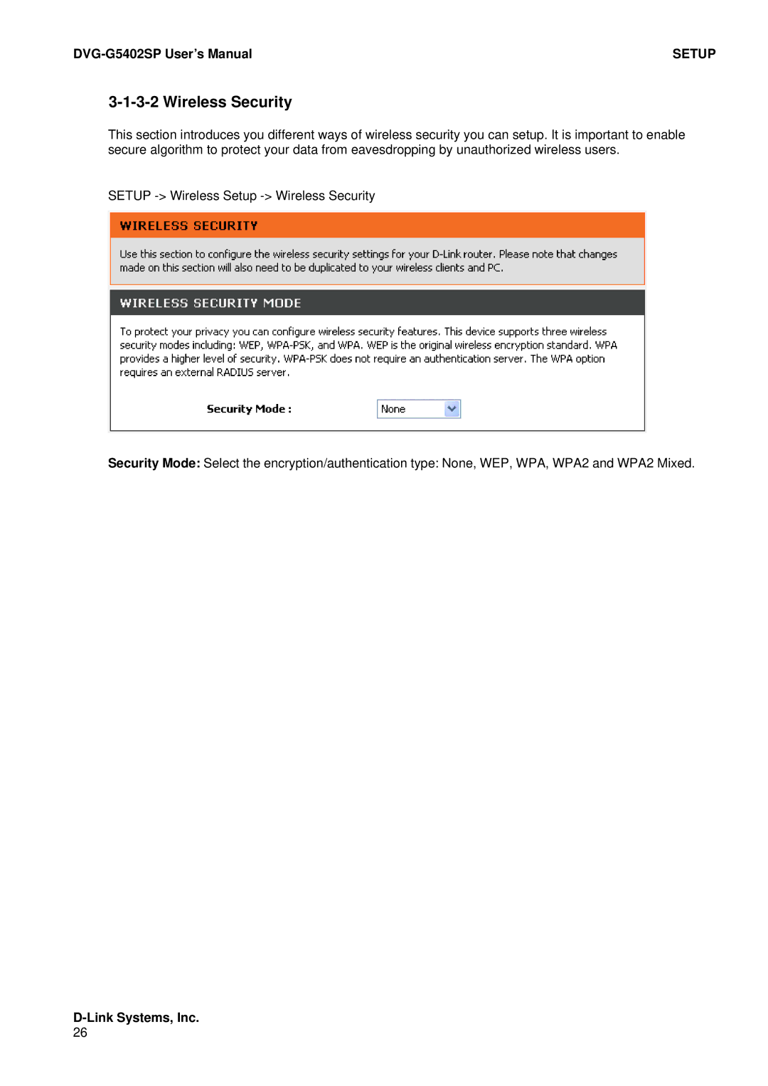 D-Link DVG-G5402SP user manual Wireless Security 
