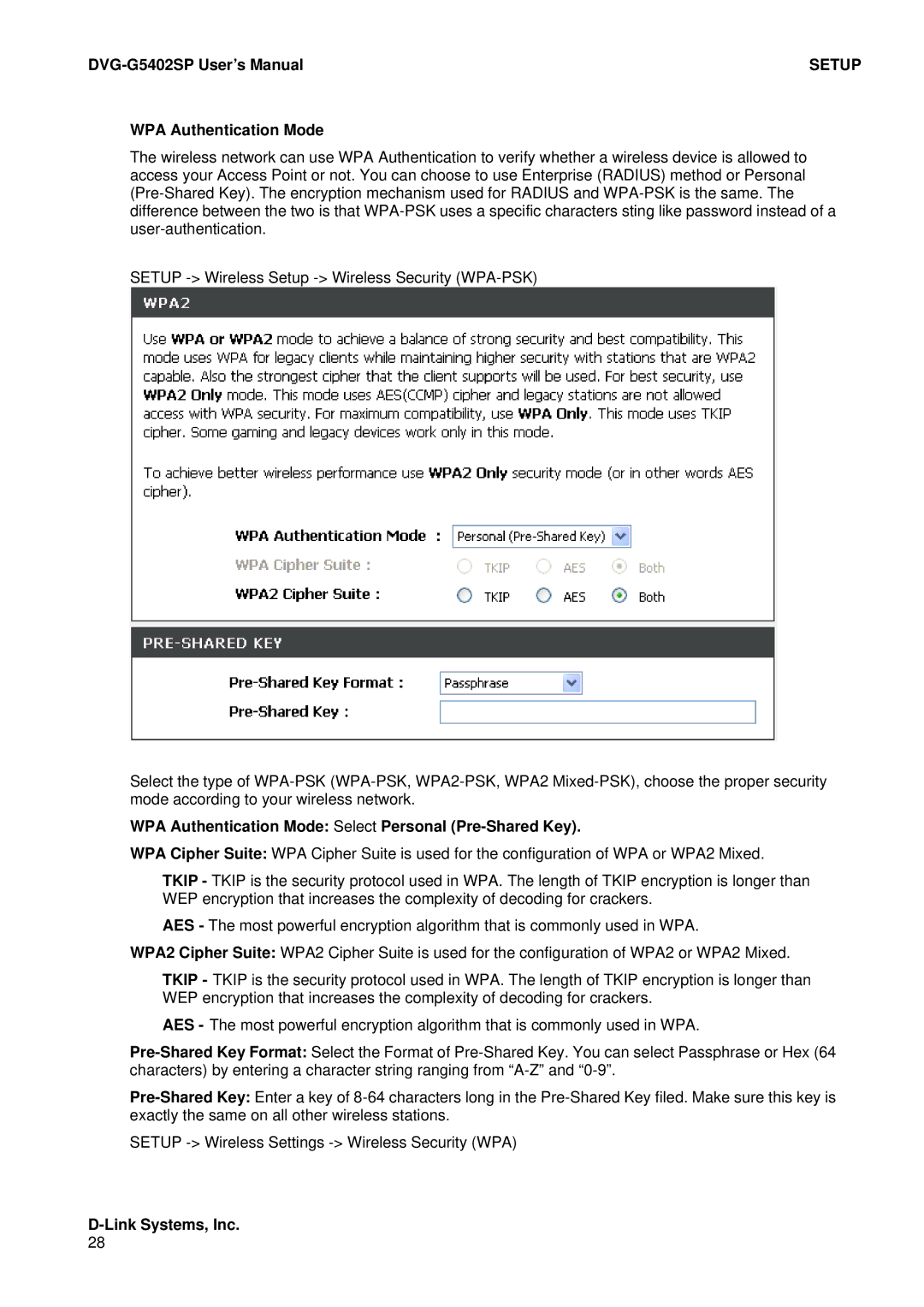 D-Link DVG-G5402SP user manual WPA Authentication Mode Select Personal Pre-Shared Key 