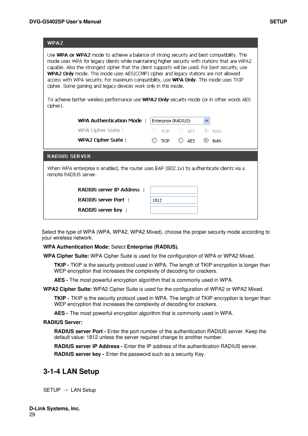 D-Link DVG-G5402SP user manual LAN Setup, WPA Authentication Mode Select Enterprise Radius, Radius Server 