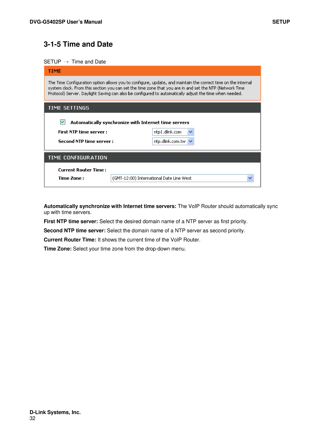 D-Link DVG-G5402SP user manual Time and Date 