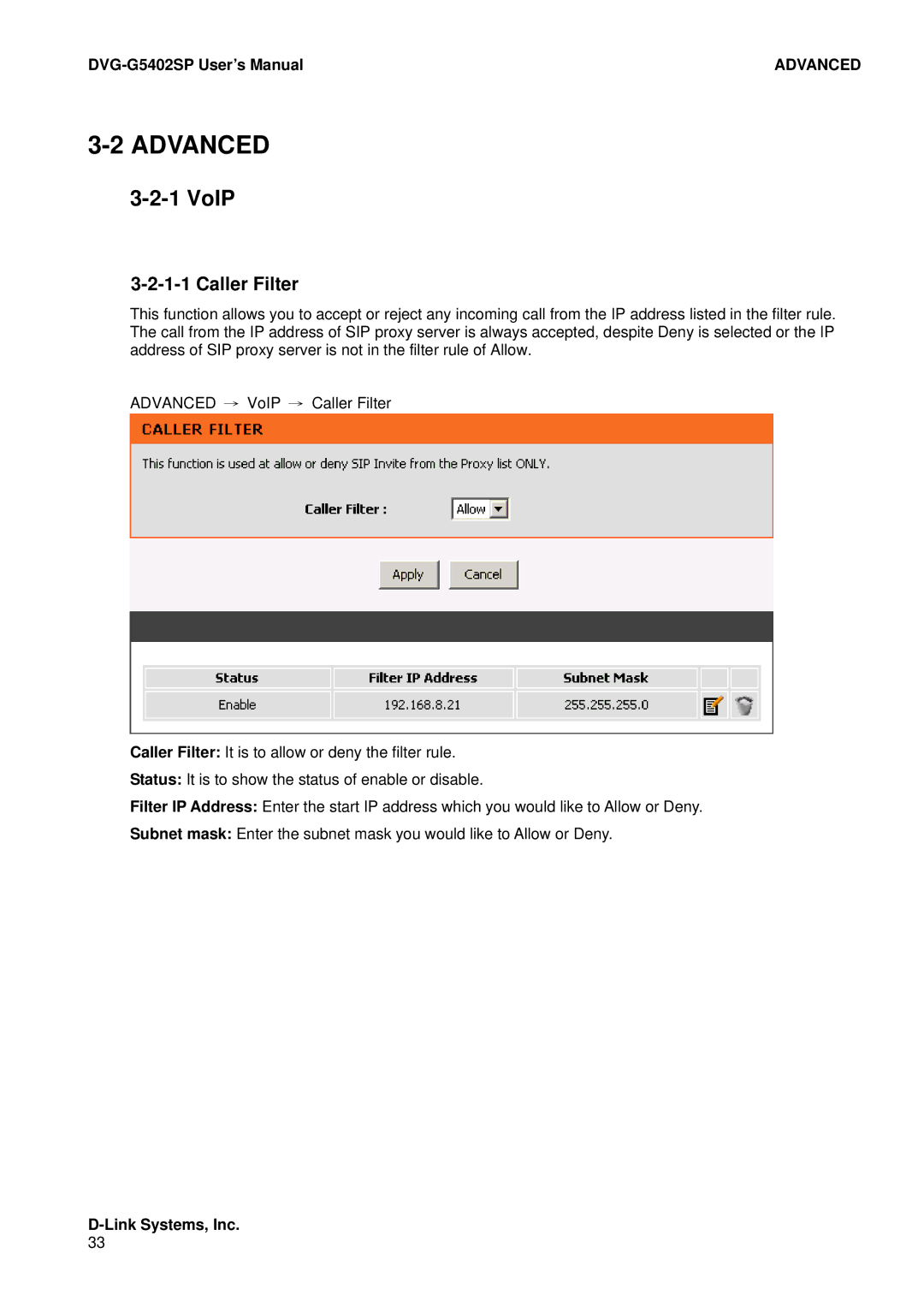 D-Link DVG-G5402SP user manual VoIP, Caller Filter 