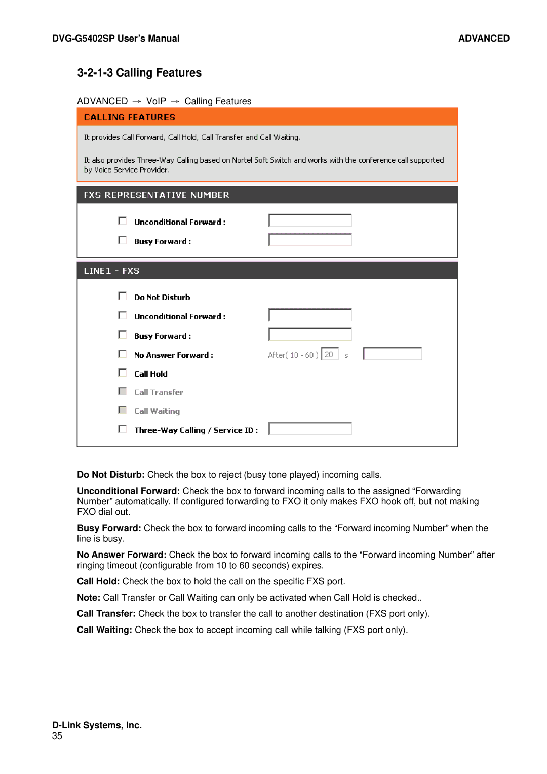 D-Link DVG-G5402SP user manual Calling Features 