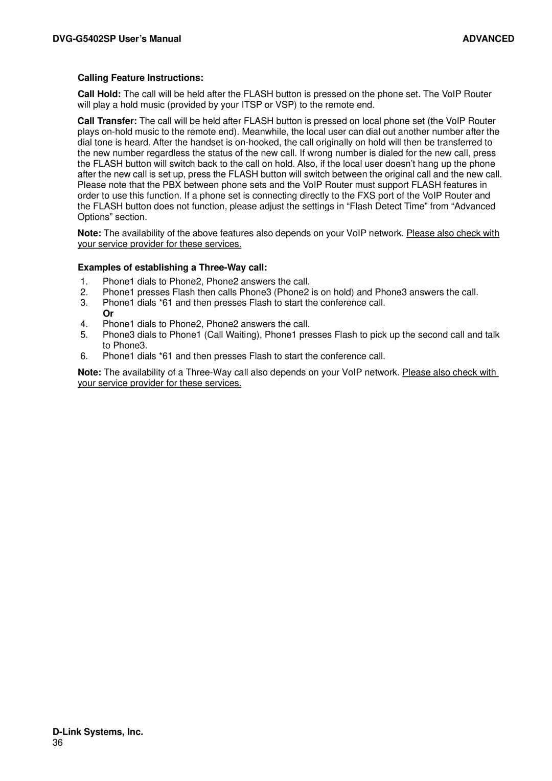 D-Link DVG-G5402SP user manual Calling Feature Instructions, Examples of establishing a Three-Way call 