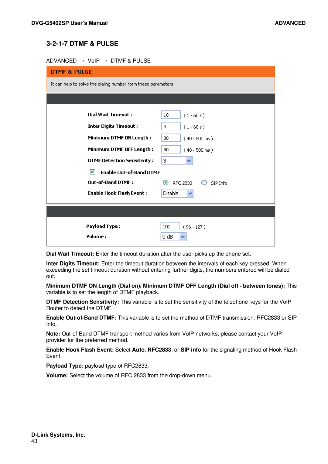 D-Link DVG-G5402SP user manual Dtmf & Pulse 