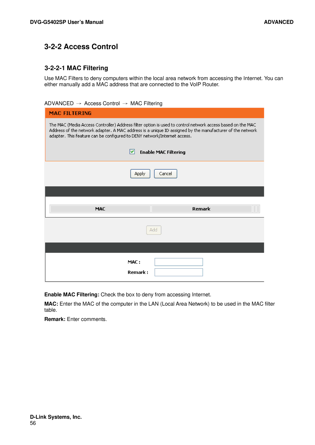 D-Link DVG-G5402SP user manual Access Control, MAC Filtering 