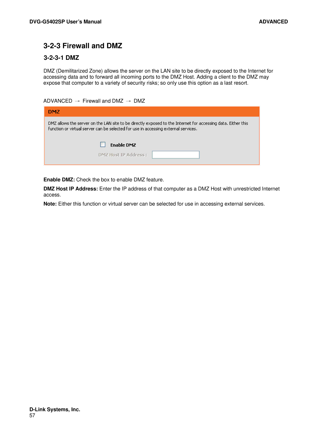 D-Link DVG-G5402SP user manual Firewall and DMZ, 3-1 DMZ 