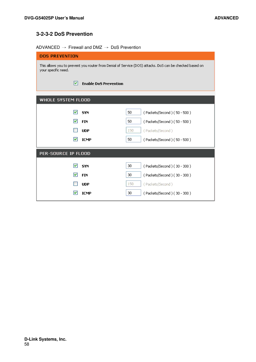 D-Link DVG-G5402SP user manual DoS Prevention 