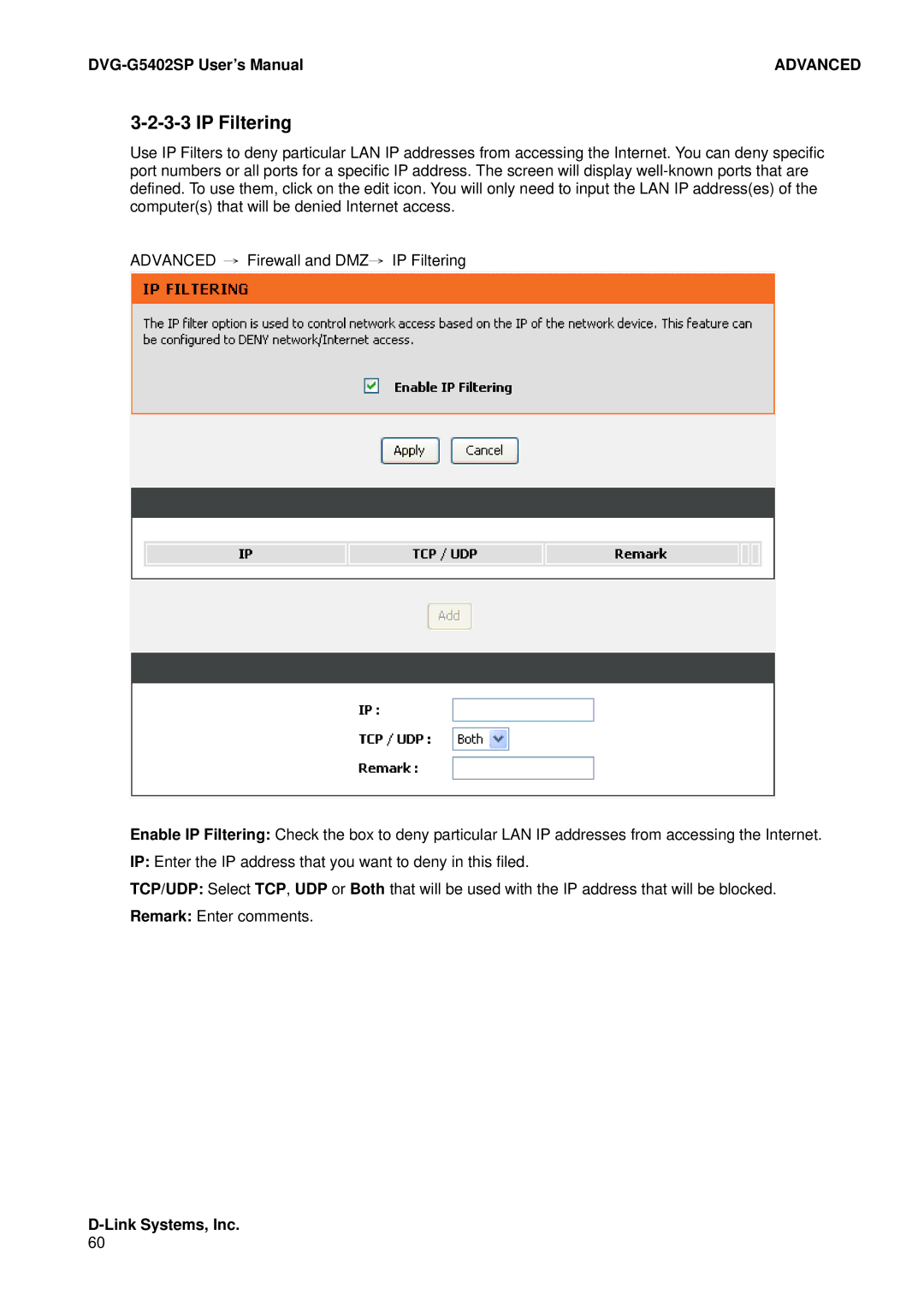 D-Link DVG-G5402SP user manual IP Filtering 