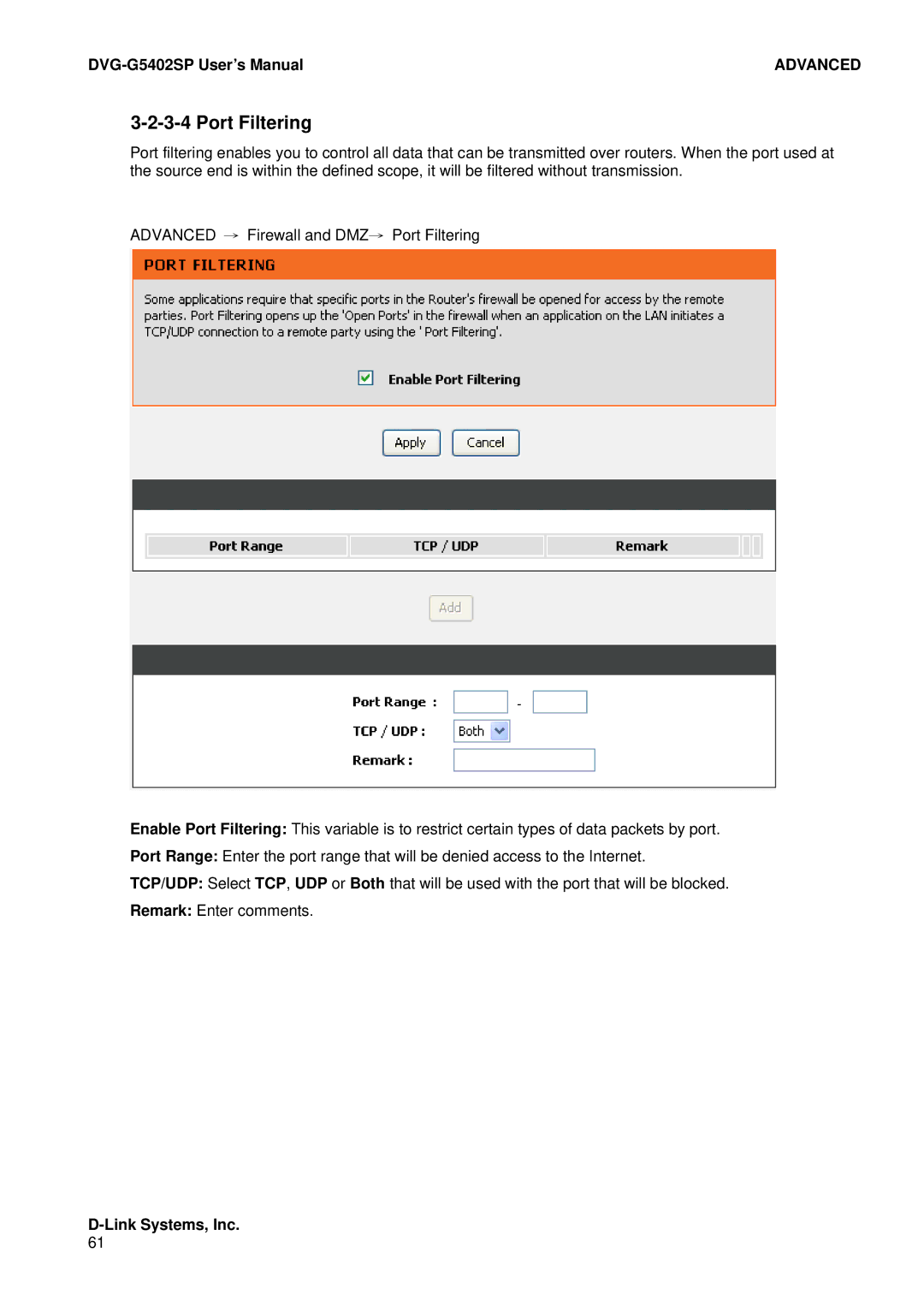 D-Link DVG-G5402SP user manual Port Filtering 