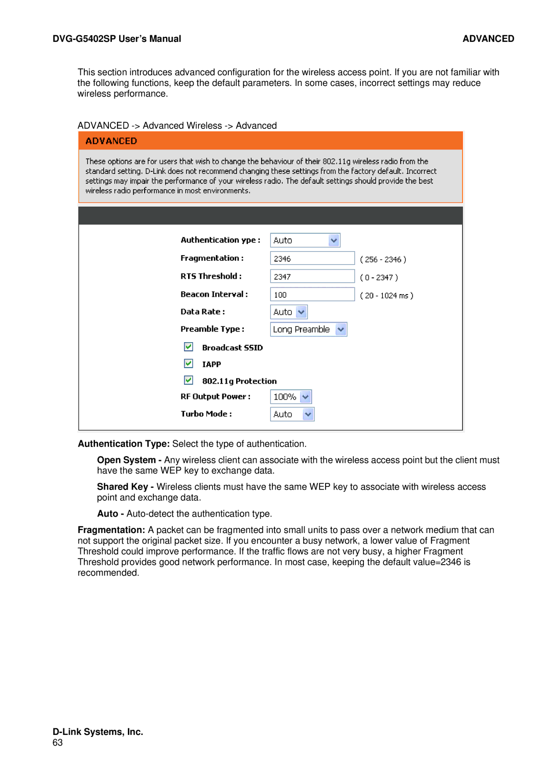 D-Link DVG-G5402SP user manual Advanced 